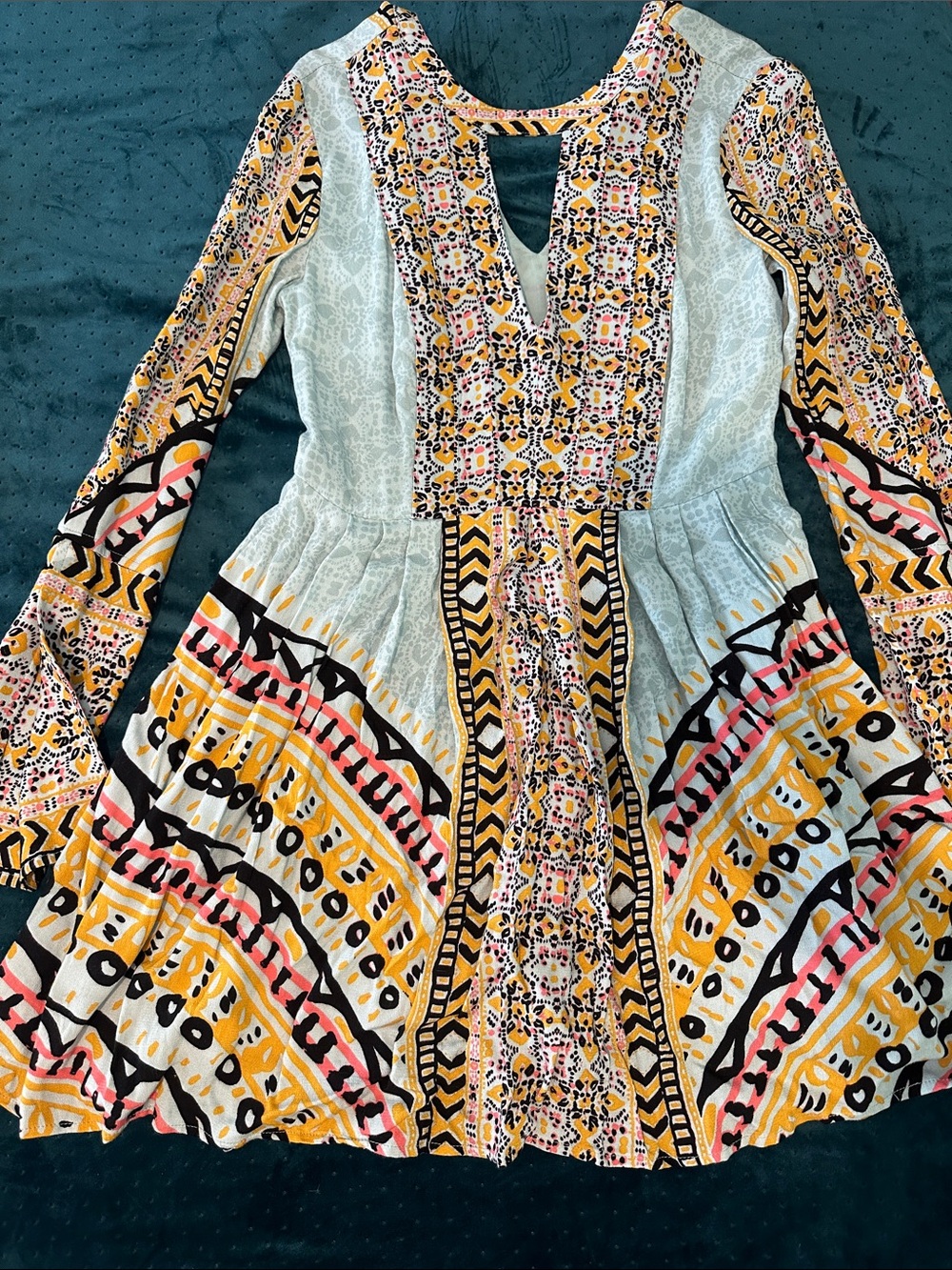 Free People Long-Sleeve Boho Mini Dress in Yellow, Pink & Black